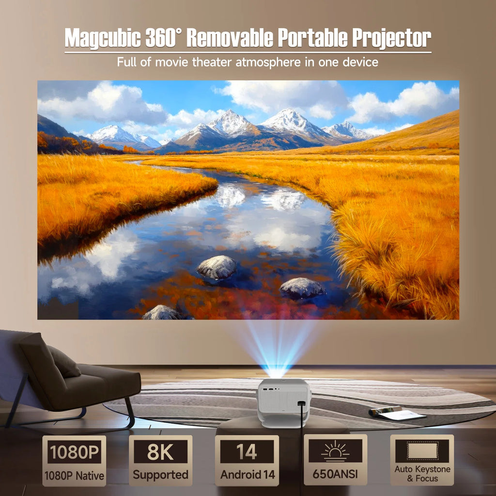 Magcubic Native 1080P 650ANSI 8K Android 14 L018 360° Projector With Auto Keystone Focus Air Mouse Wifi6 BT5.4 Portable Outdoor